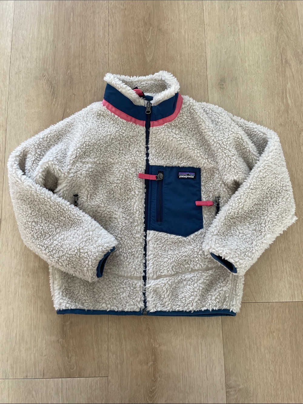Patagonia Kids Cream Sherpa Jacket with Navy and Pink Trim